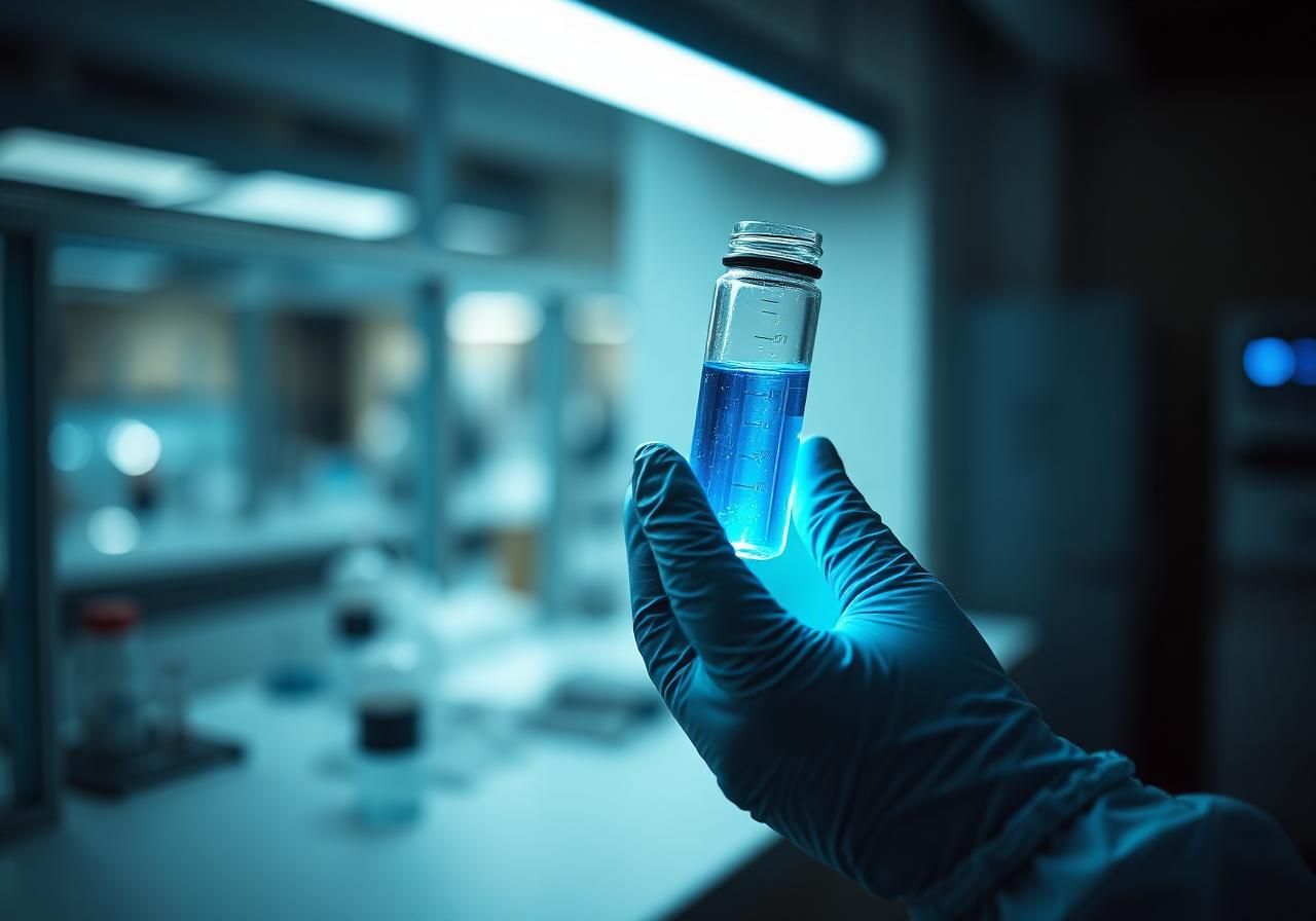 Researcher inspecting a peptide vial in a laboratory