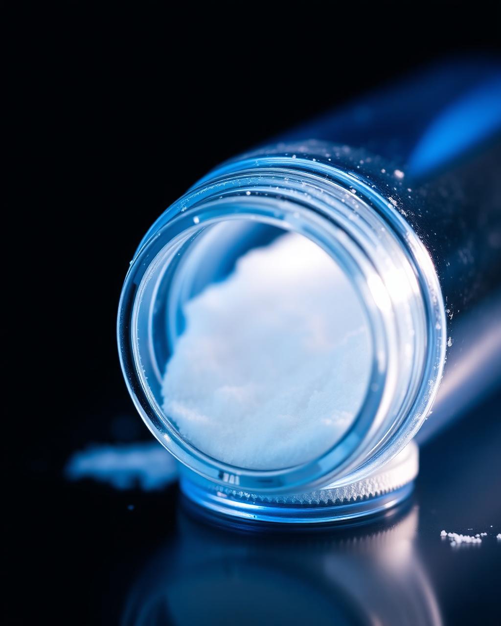 Macro shot of lyophilized peptide inside glass vial